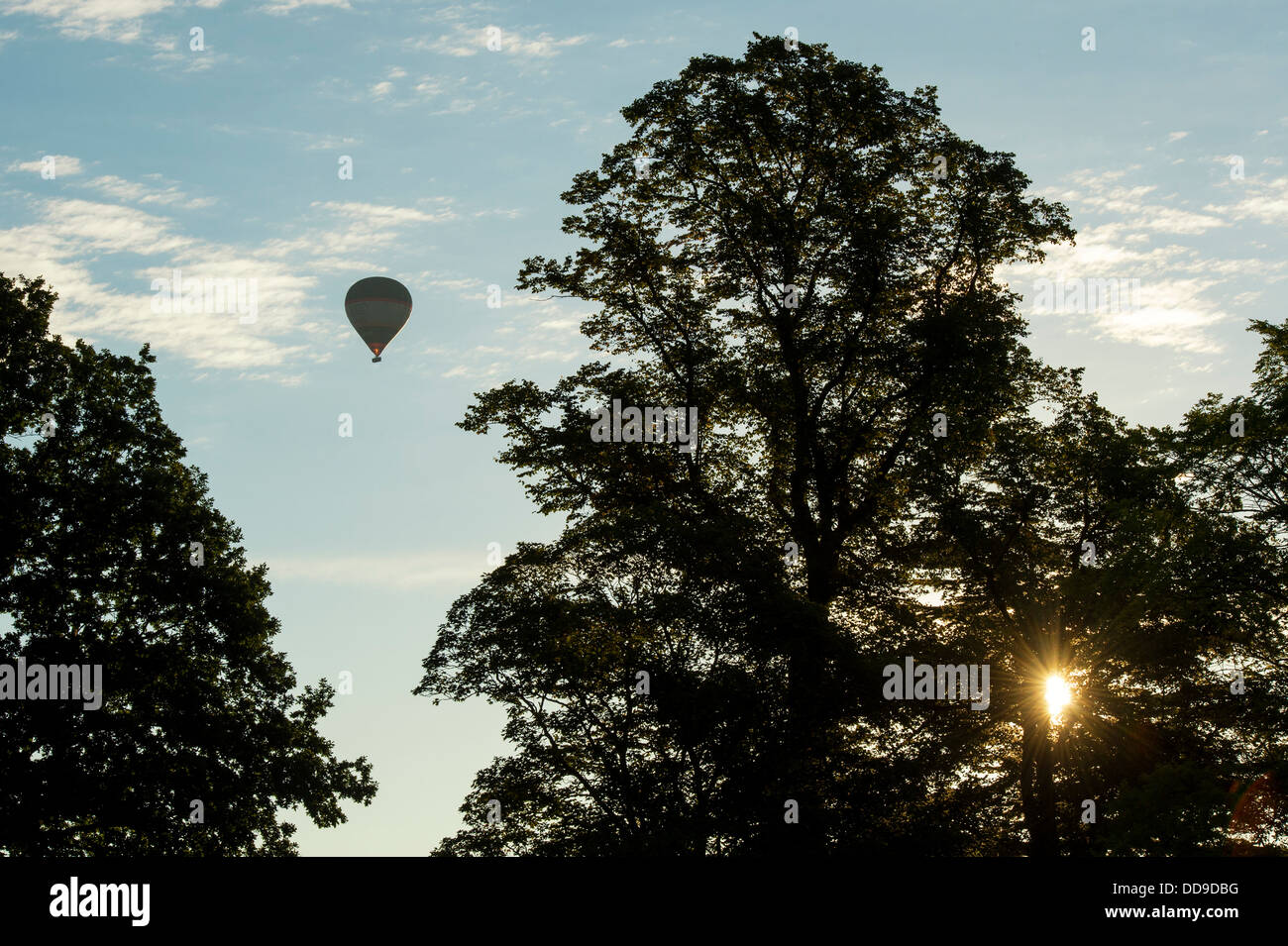 Hot Air Balloon silhouette à travers les arbres dans le soleil matinal. Stratford Upon Avon, Angleterre Banque D'Images