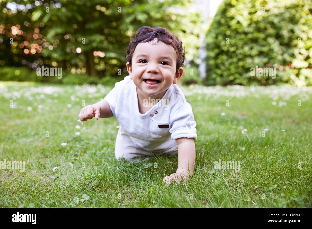 Baby Boy de ramper sur l'herbe, smiling Banque D'Images