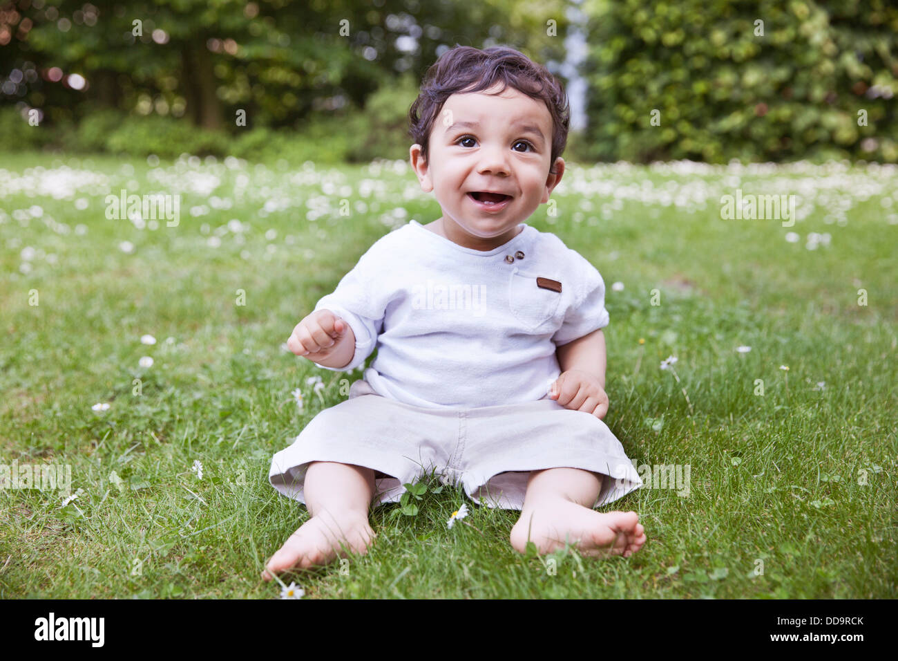 Baby Boy sitting on grass et holding daisy flower, smiling Banque D'Images
