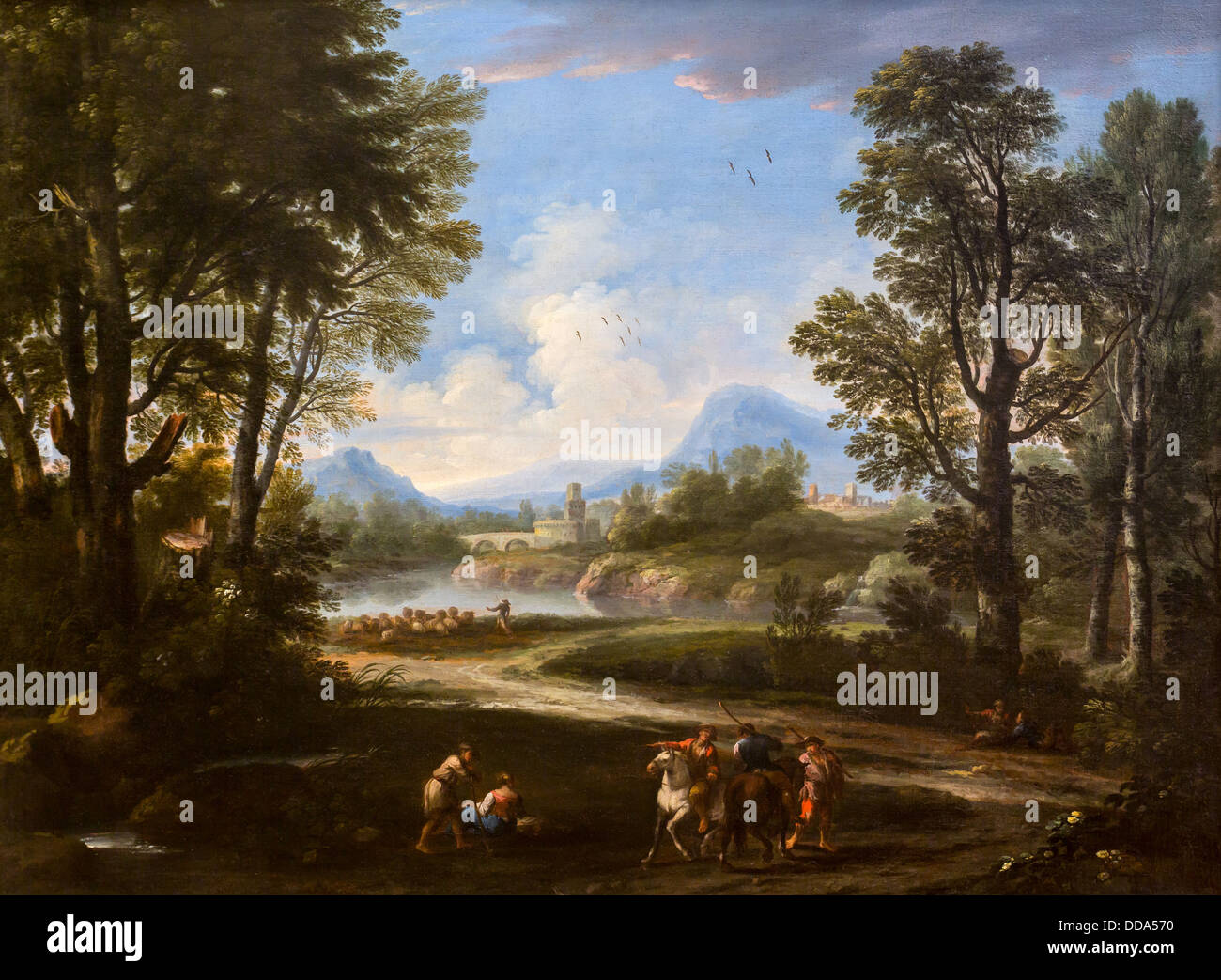 18e siècle - Paysage avec des cavaliers, des voyageurs et des troupeaux, vers 1730 - Andrea Locatelli Huile sur toile Banque D'Images