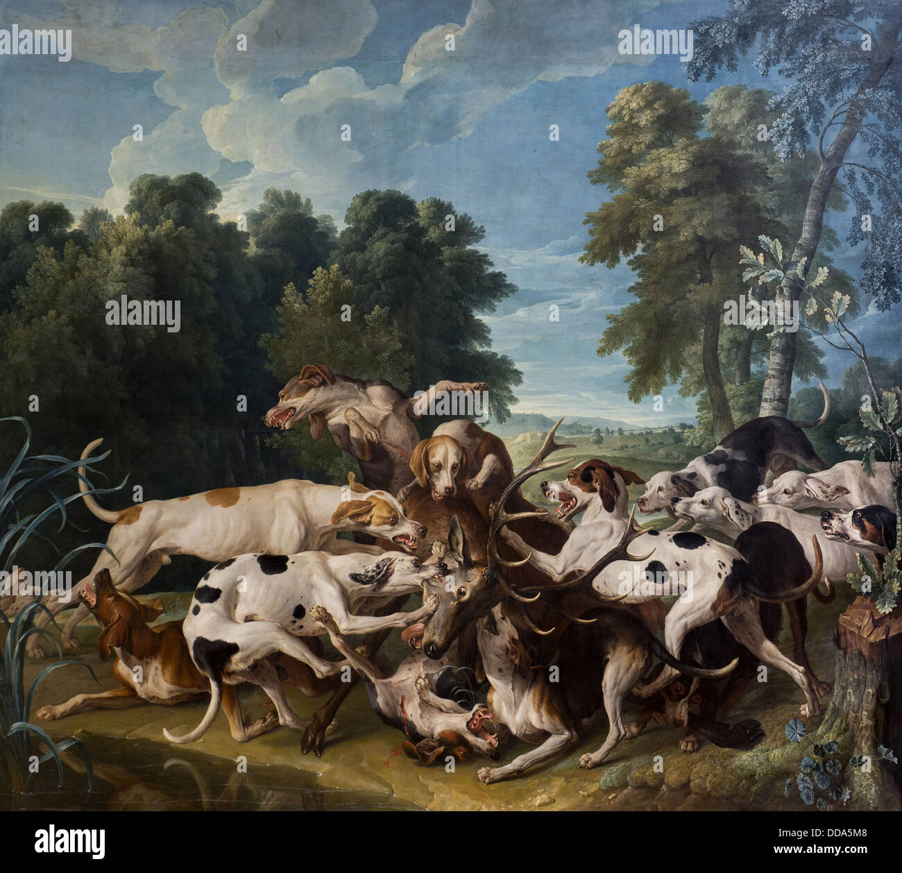 18e siècle - deer Barking, atteint par le pack - Alexandre-Francois Desportes (1742) Huile sur toile Banque D'Images