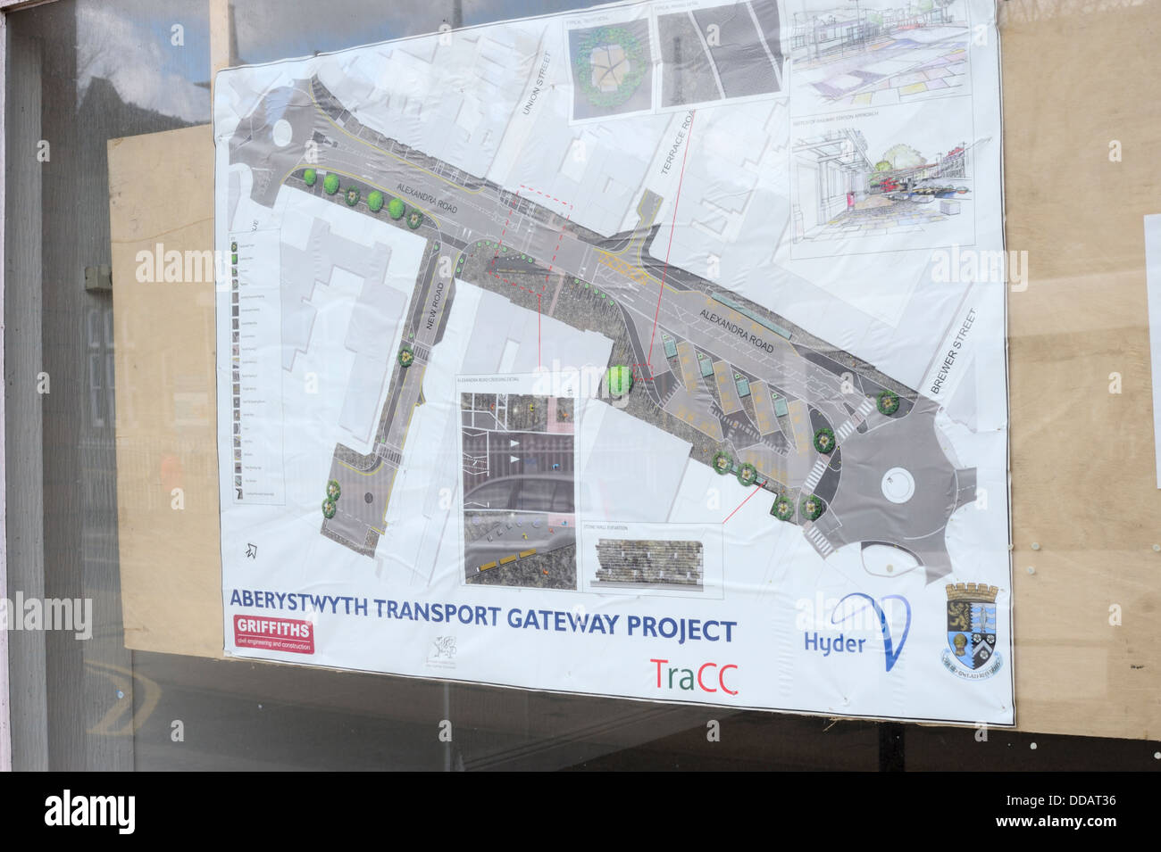 Sur l'affichage pour les plans de développement des transports publics nouveaux, Aberystwyth, Pays de Galles, Royaume-Uni Banque D'Images