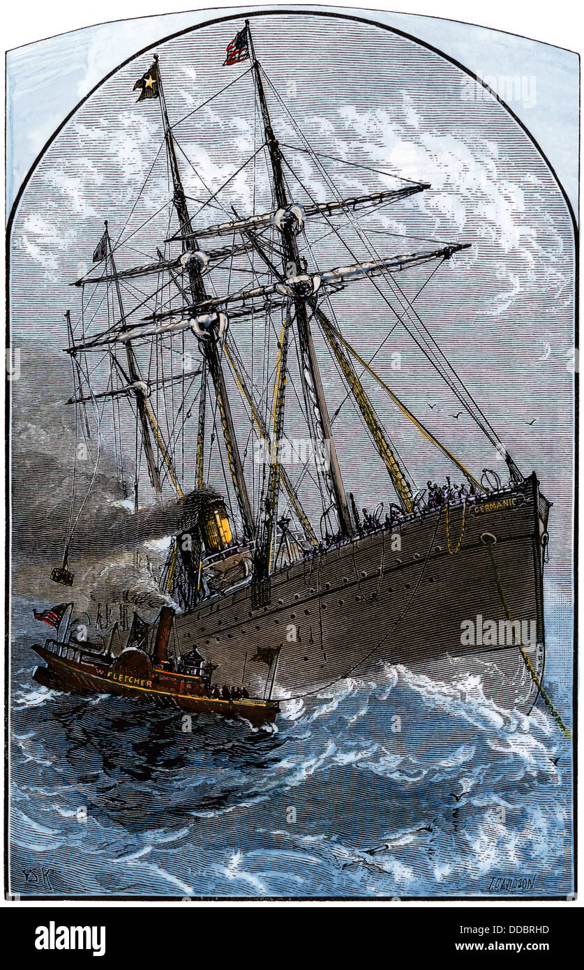 Bateau dans un courrier à livrer gale la White Star Lines germanique vapeur au large de Sandy Hook, NEW JERSEY, en un coup de vent, 1870. À la main, gravure sur bois Banque D'Images