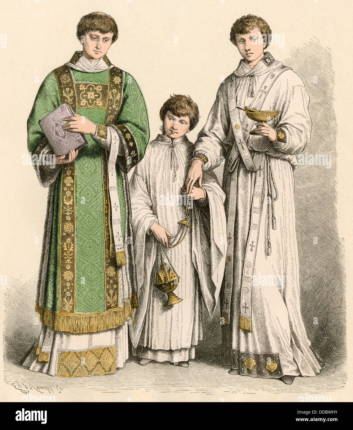 Diacre catholique romain portant une robe dalmatic (à gauche), un altarboy, et d'un diacre, années 1500 - années 1600. Impression couleur à la main Banque D'Images