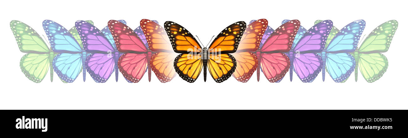 La liberté d'imagination avec un changement du papillon monarque et passe par une transformation de la couleur et de l'évolution comme un concept de libre expression de la créativité et innovation en design sur blanc. Banque D'Images