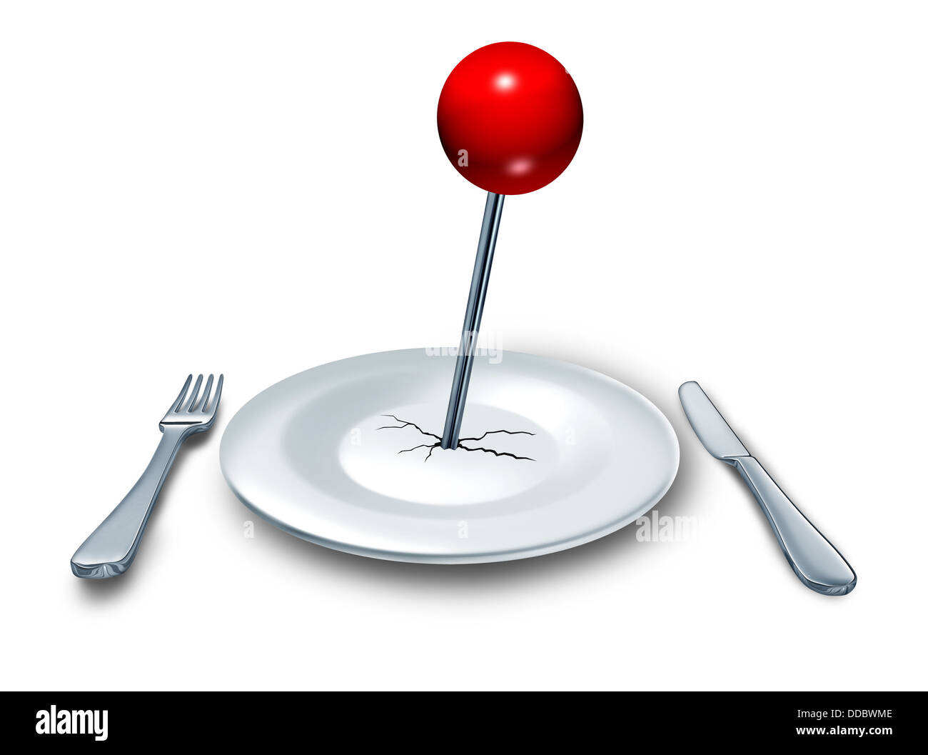 Endroit pour manger dans un restaurant ou dîner dans l'alimentation et boissons concept avec une assiette et un lieu avec fourchette et couteau couverts sur une table avec une situation de pousser l'axe rouge sur le plat comme un symbole de lieux de restauration. Banque D'Images