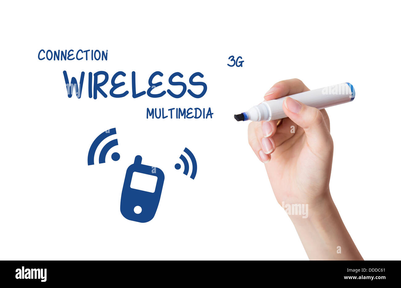 Dessin femme contenu multimédia sans fil sur carte virtuelle Banque D'Images