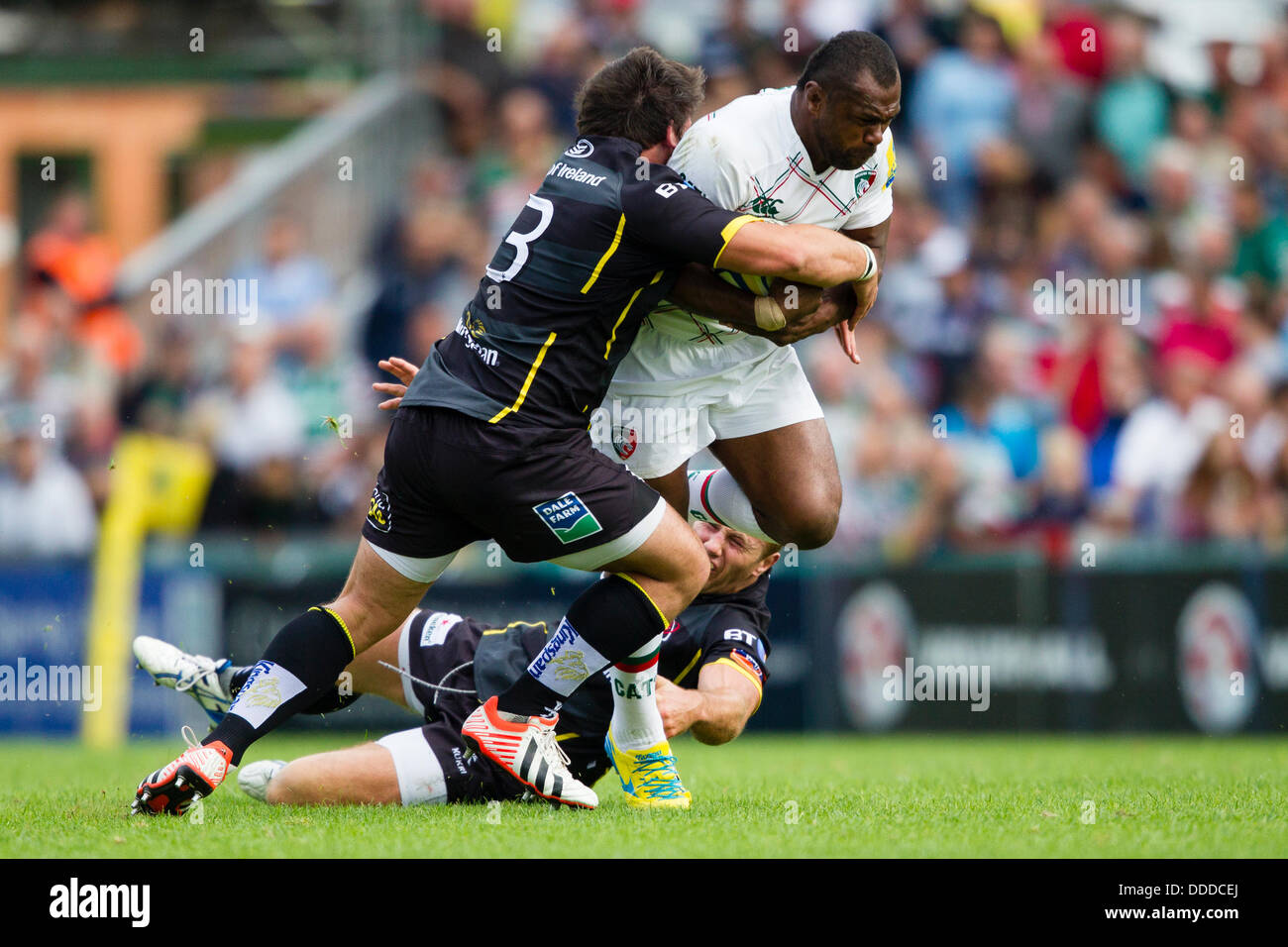 LEICESTER, UK - Samedi 31 août 2013. Vereniki Goneva de Leicester est abordé. L'action de l'avant-saison friendly entre Leicester Tigers et Ulster joué à Welford Road, Leicester. Credit : Graham Wilson/Alamy Live News Banque D'Images