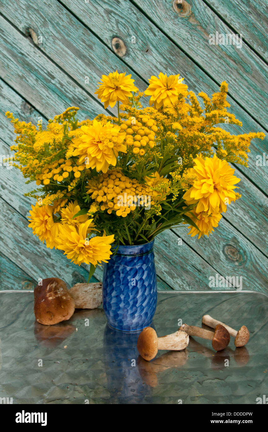 Still Life bouquet de fleurs jaunes et boletus edulis mushrooms Banque D'Images