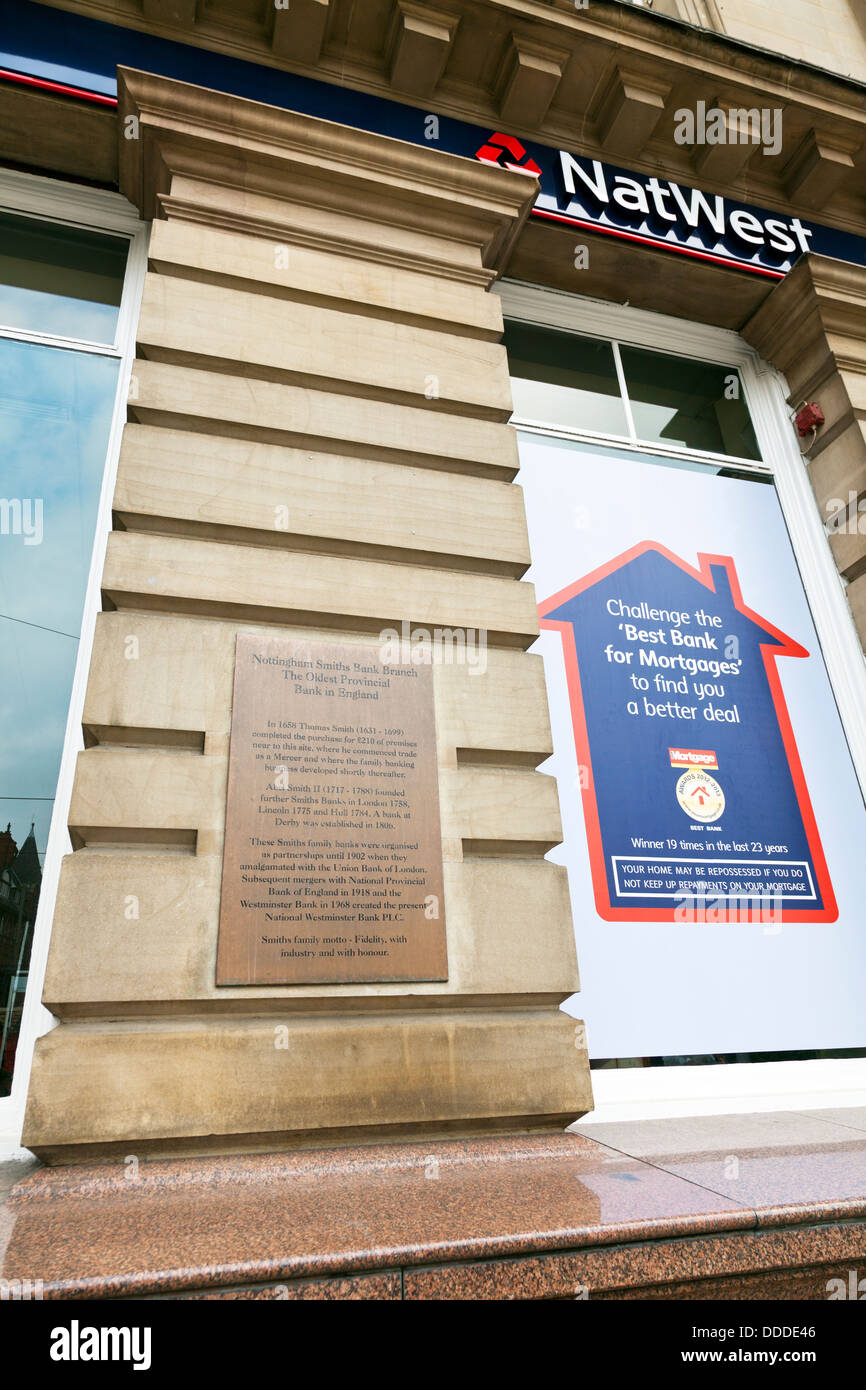 Façade de la Banque Natwest plaque signe montrant le centre-ville de Nottingham Nottinghamshire UK Angleterre Banque D'Images