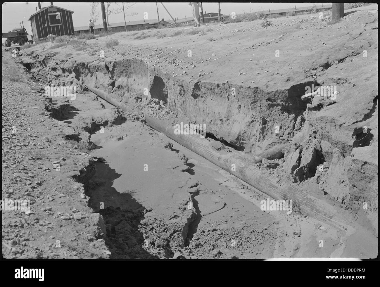 Dommages causés par les inondations à la rue G au centre de relocalisation de Grenade à Amache, Colorado. Le centre abritait des Japonais-Américains internés pendant la seconde Guerre mondiale, et l'image représente les défis environnementaux rencontrés sur le site pendant cette période. Banque D'Images