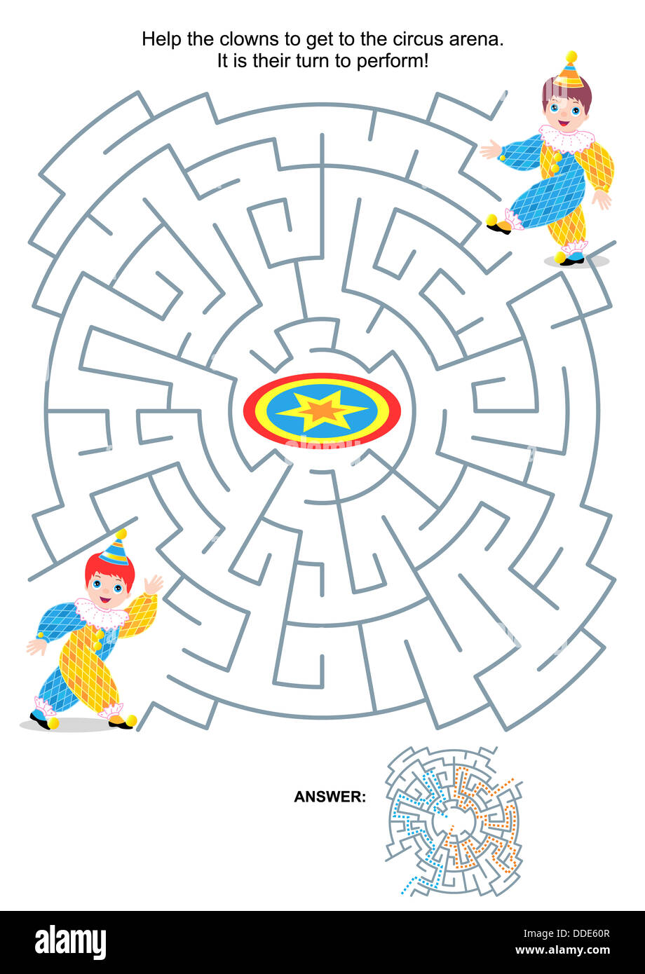Jeu de labyrinthe ou page d'activité pour les enfants : aider les clowns pour se rendre à l'arène du cirque. C'est à leur tour d'accomplir ! Réponse inclus. Banque D'Images