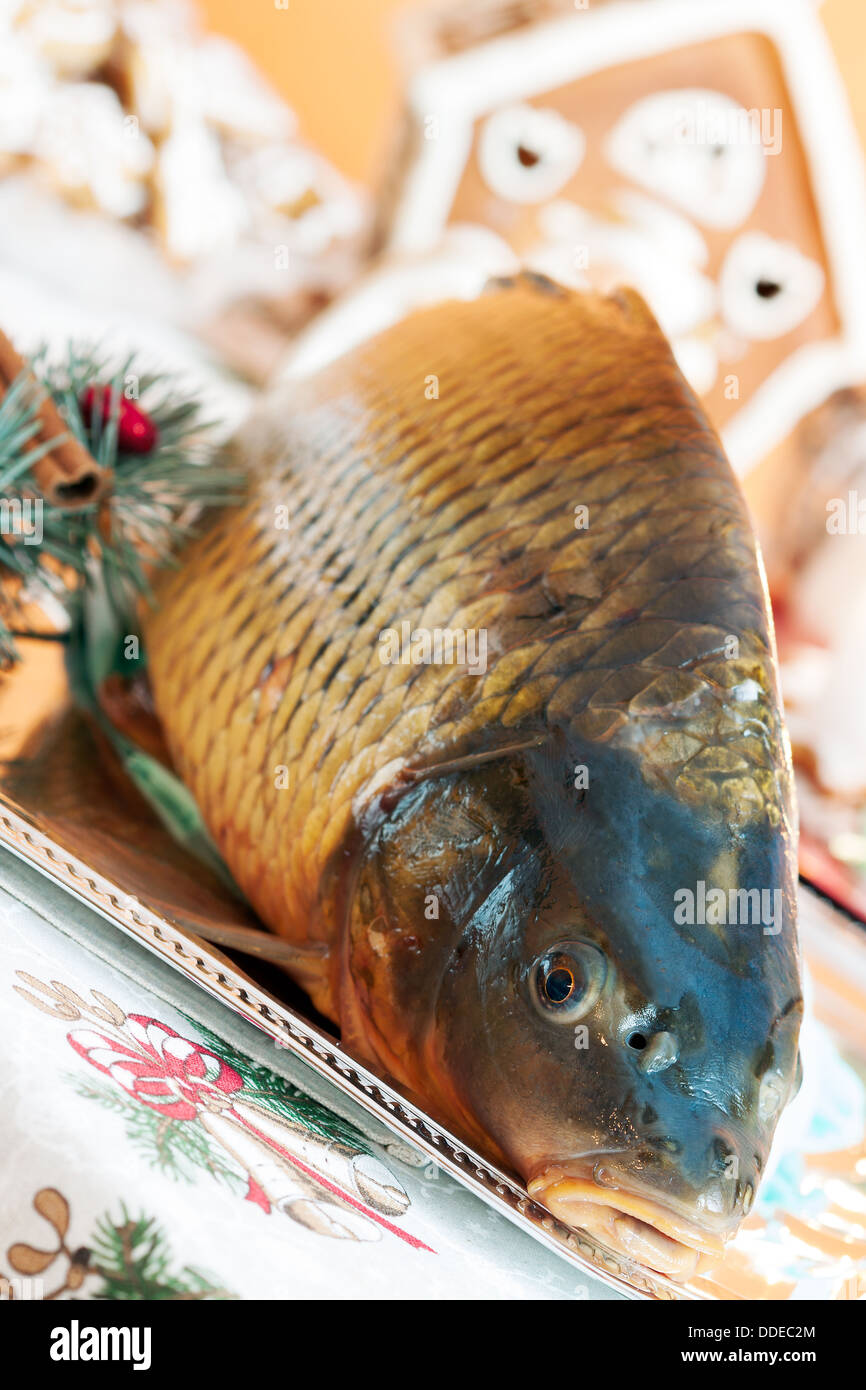 La tradition tchèque - carp sur table de Noël Banque D'Images