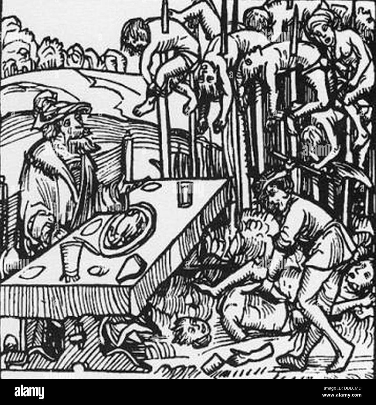 Vlad l'Empaleur manger en forêt entouré de ses victimes Banque D'Images