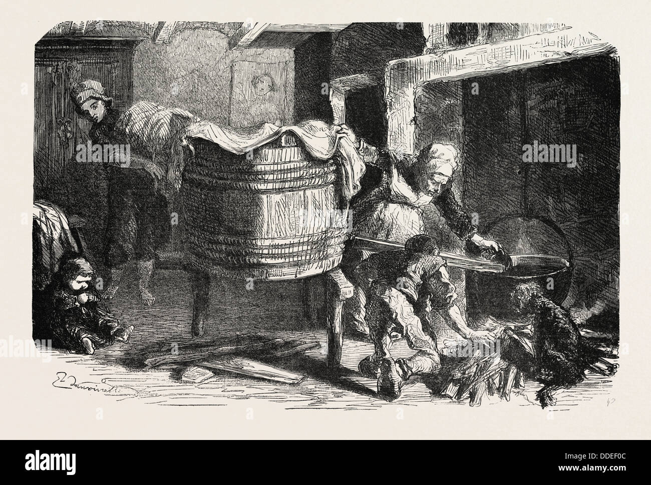 Des scènes de la vie de pays : la buanderie. Des études réalisées par gravure 1855 Damourette. Banque D'Images Des scènes de la vie de pays : la buanderie. Des études réalisées par gravure 1855 Damourette. Banque D'Images