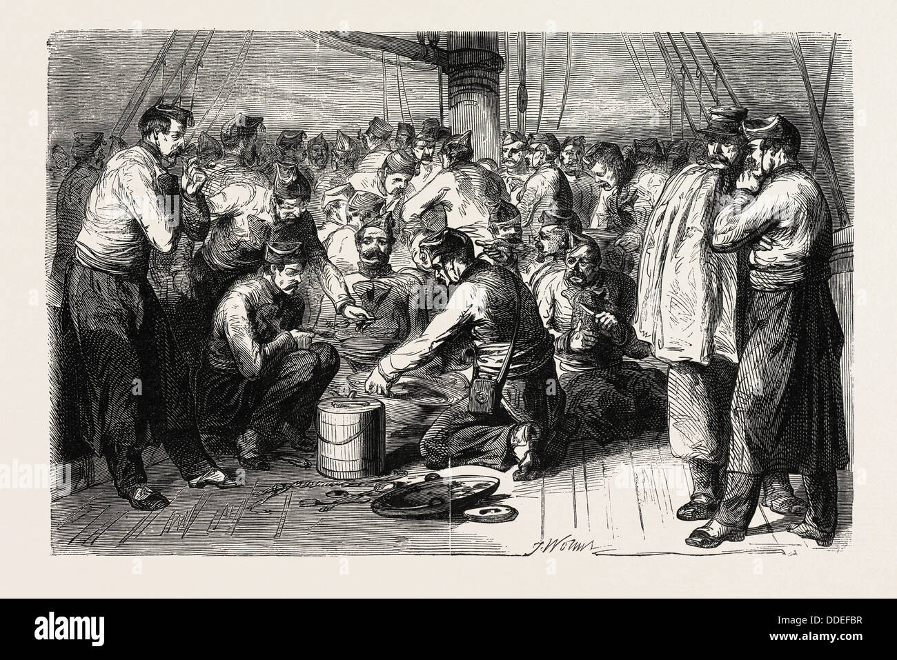 Types et visages de l'Armée de l'Est. Prologue. Dîner à bord. 1855. Gravure Banque D'Images