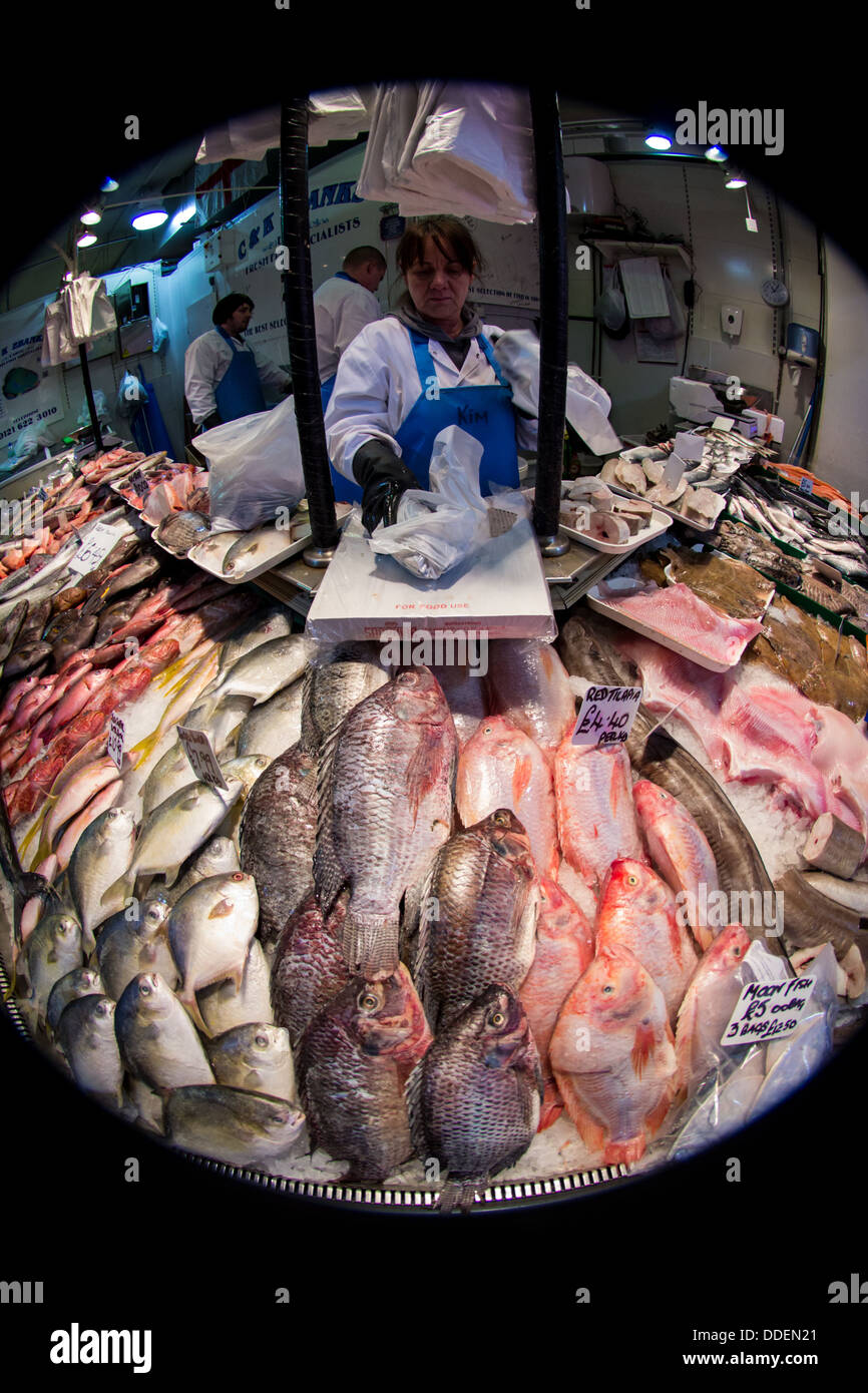 Capture d'image avec des poissons cristallin, d'une femme travaillant à l'intérieur d'un marché aux poissons. Les poissons sont présentés en premier plan Banque D'Images