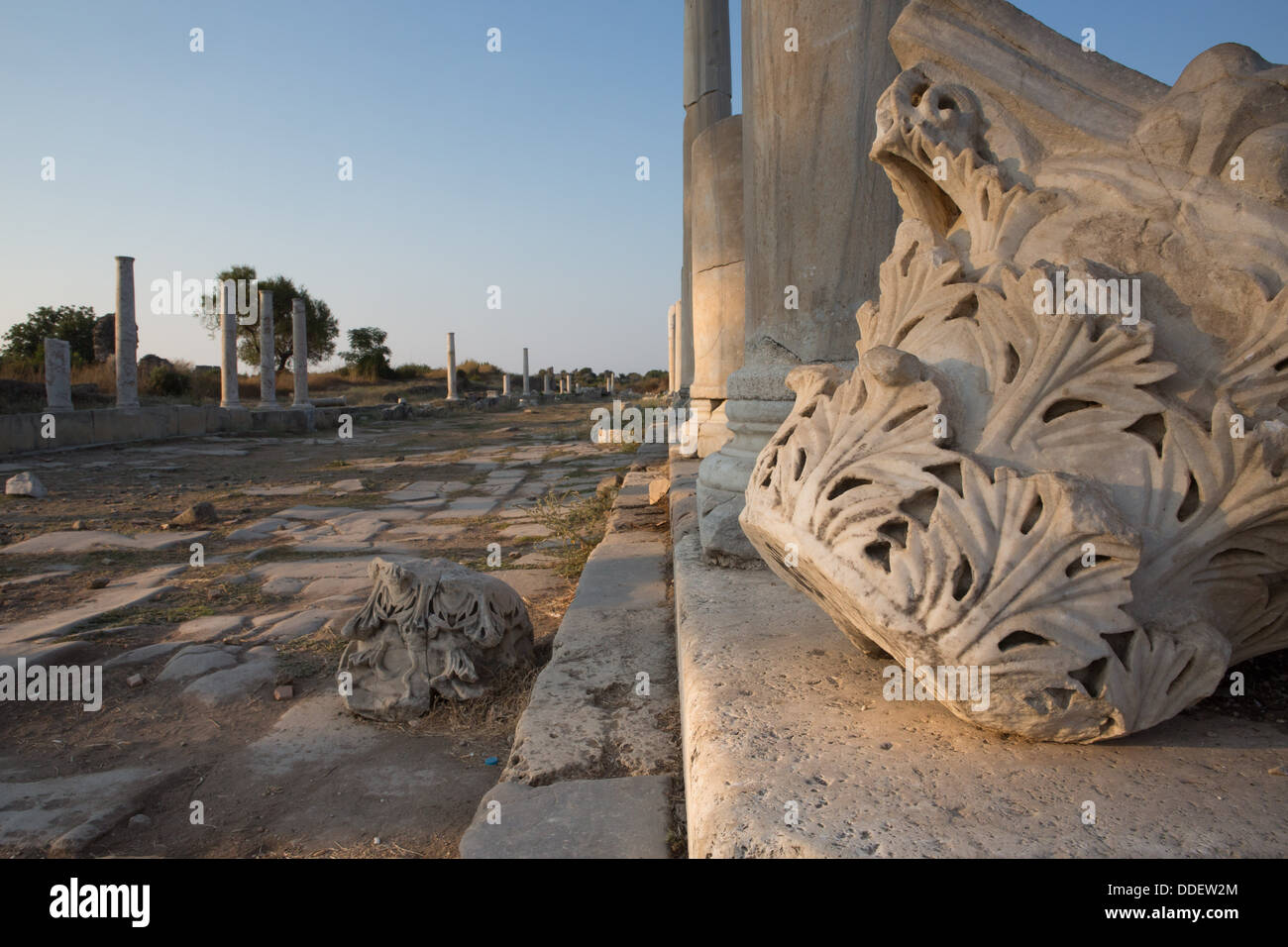 Reliques de l'ancienne capitale romaine de la rue à colonnade, Side, Turquie. Banque D'Images