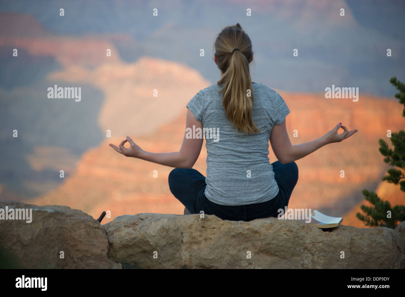Femme méditant à Grand Canyon Banque D'Images