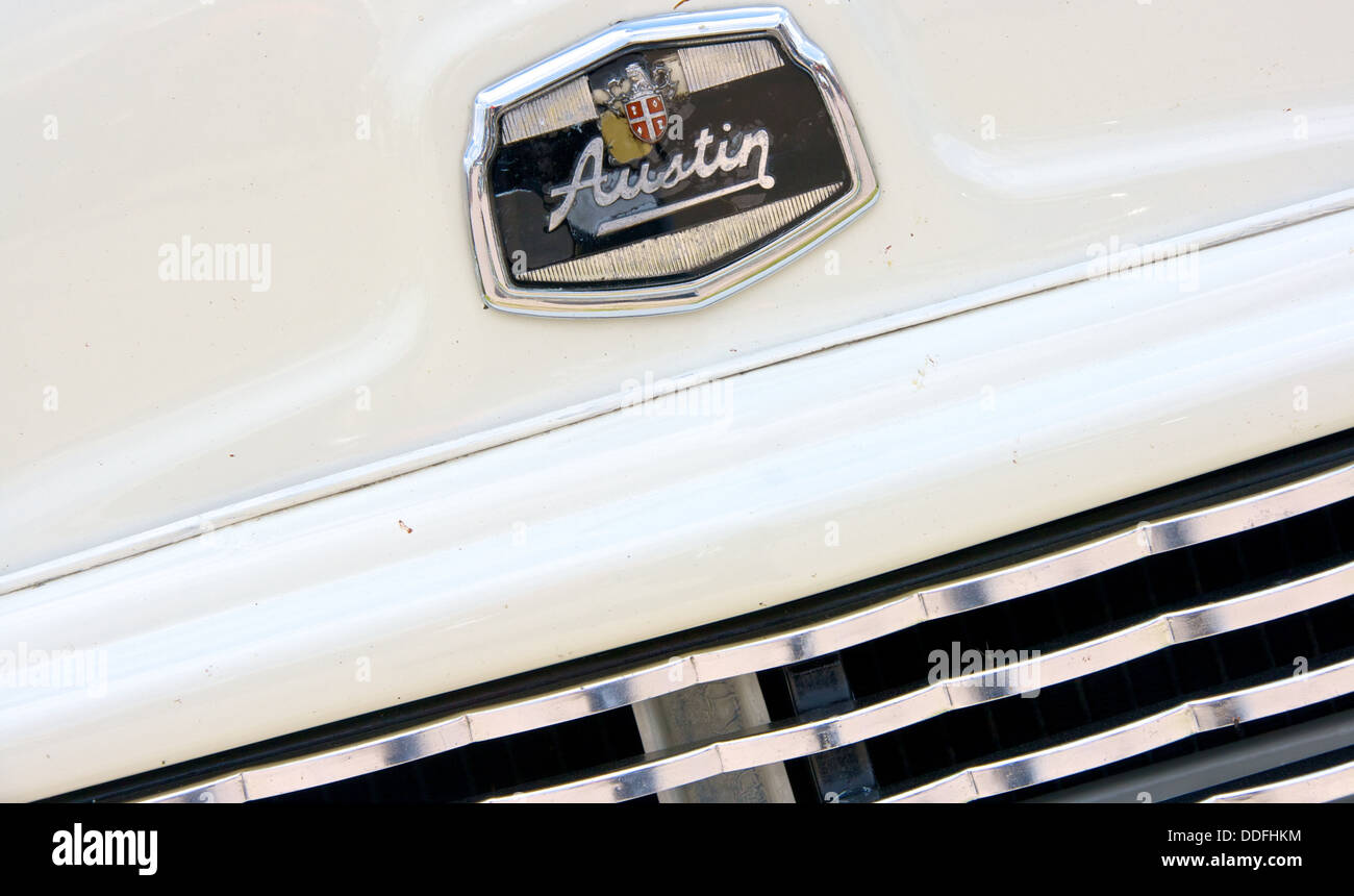 Close-up of cream 1950 Austin voiture classique capot Capot logo monogramme avant marque marque motif distinctif et grill détail Banque D'Images