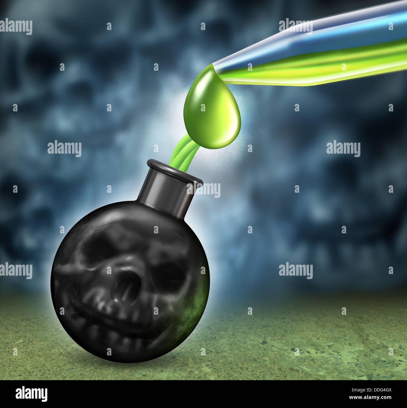 Concept d'armes chimiques à l'aide d'une bombe comme une mort humaine crâne étant rempli à l'aide d'un œil conduire vite avec dangereux toxique comme le gaz moutarde ou nerveux comme un symbole d'une arme de destruction massive comme un crime de guerre avec de la fumée en forme de crânes le mal. Banque D'Images