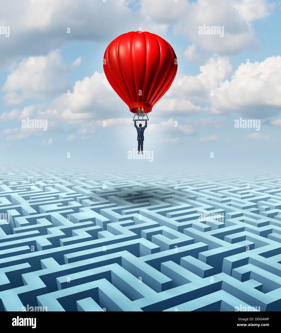 S'élever au-dessus de l'adversité Leadership solution avec un homme d'affaires et de vol planeur sur un labyrinthe compliqué avec l'aide d'un ballon à air chaud comme un concept commercial novateur de la pensée créative pour le succès financier. Banque D'Images