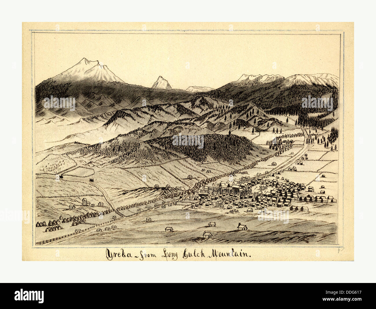 Vue à vol d'oiseau de la ville de Yreka, en Californie du sud à la montagne par de Long Gulch Daniel A. Jenks,1827 1869, US, USA Banque D'Images
