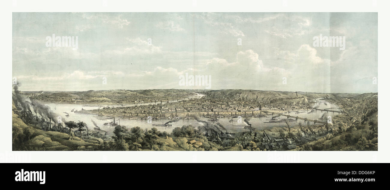 Bird's Eye View of Pittsburgh au confluent de la Monongahela, au premier plan, et les rivières Allegheny, Birmingham Banque D'Images