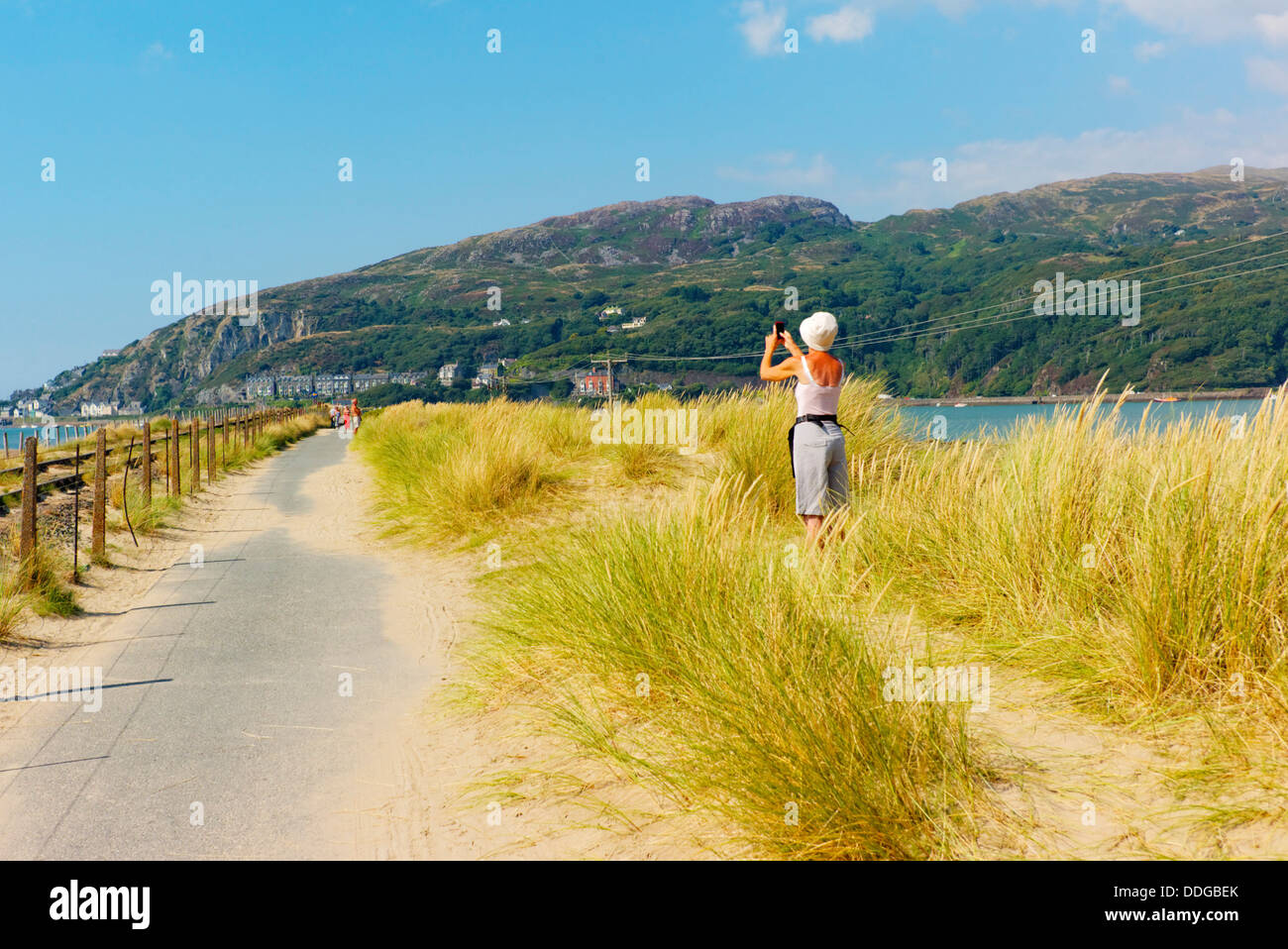 Dame mature photographe debout sur les dunes herbeuses capte une partie de la côte, avec en arrière-plan de Barmouth Banque D'Images