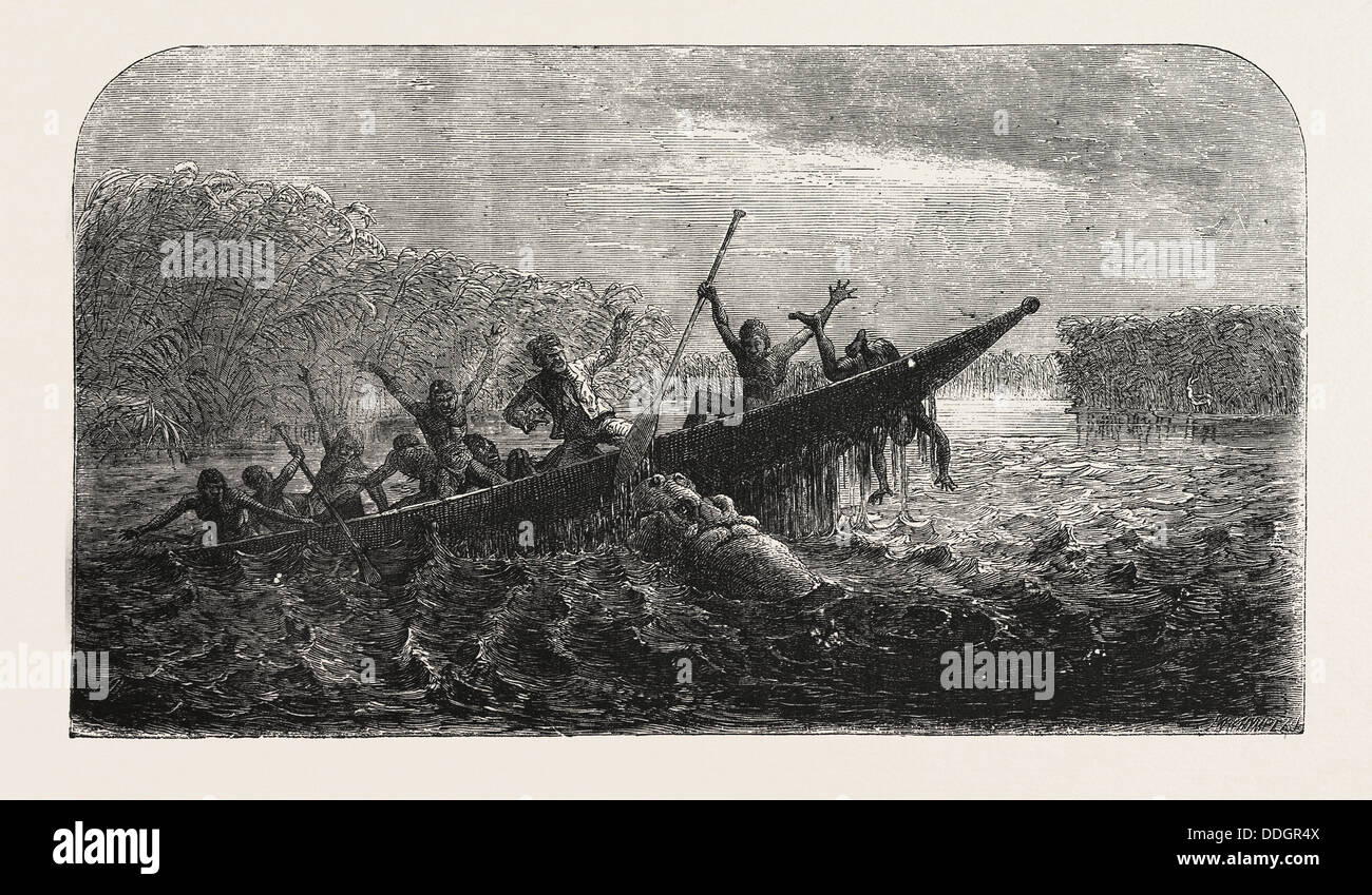 DR. LIVINGSTONE VOYAGES MISSIONNAIRES ET LES CHERCHEURS EN AFRIQUE DU SUD : bateau a chaviré par un hippopotame dépouillé de ses jeunes, 1857 Banque D'Images