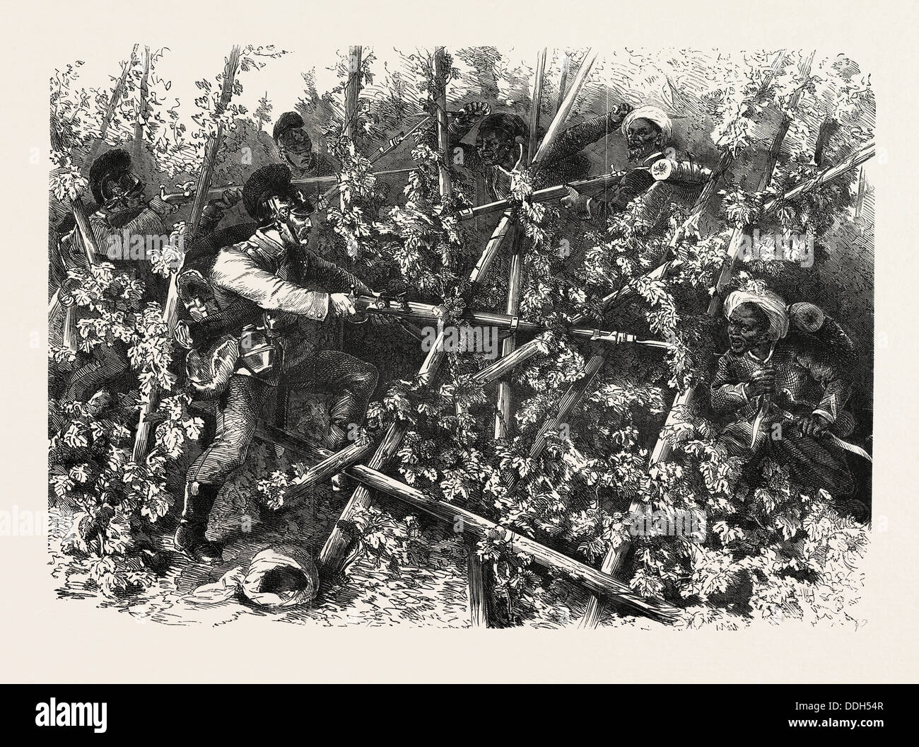 La guerre franco-prusse : LUTTE ENTRE L'infanterie bavaroise, LES TURCOS ET LES ZOUAVES, DANS LE CHAMPS DE HOUBLON PRÈS DE WISSEMBOURG Banque D'Images