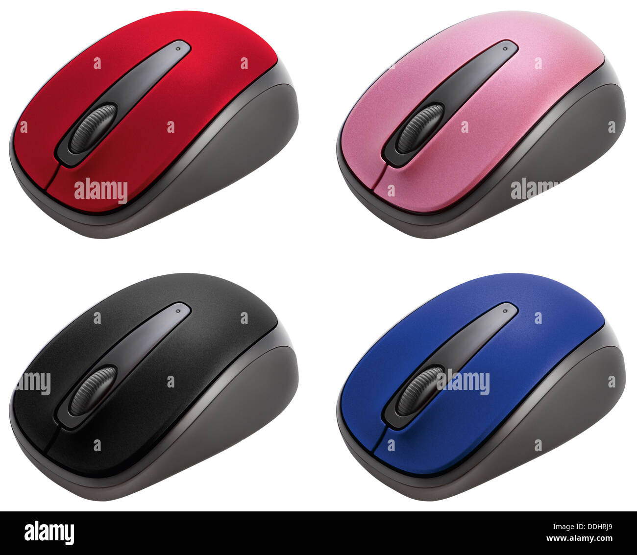 Souris d'ordinateur de différentes couleurs sur fond blanc, Close up Banque D'Images