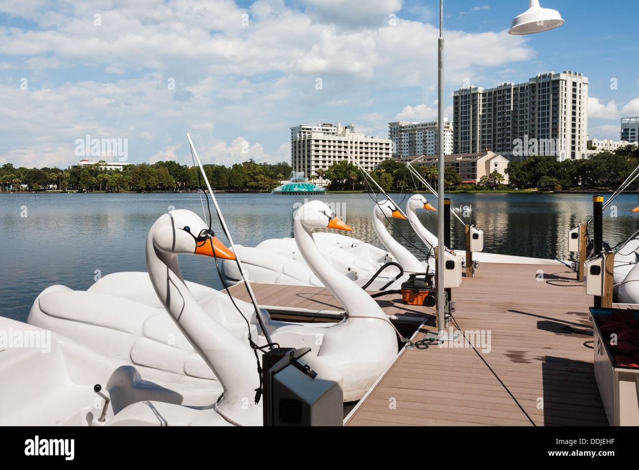 Cygne blanc des bateaux à quai sur le lac Eola, au centre-ville d'Orlando, Floride Banque D'Images