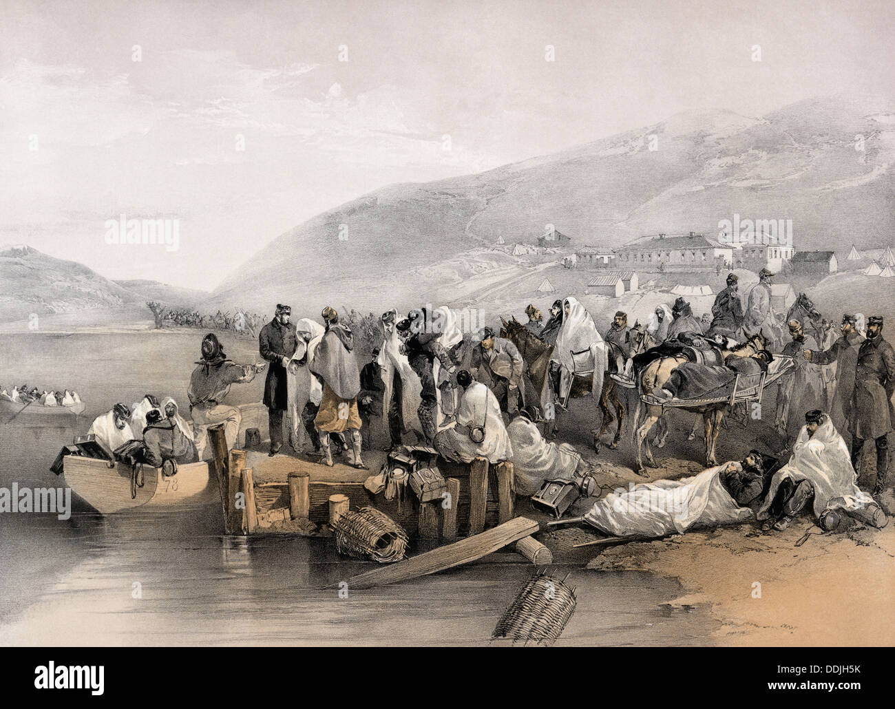 L'ÉVACUATION DES MALADES DE BALAKLAVA au cours de la guerre de Crimée peint par William Simpson en 1855 Banque D'Images