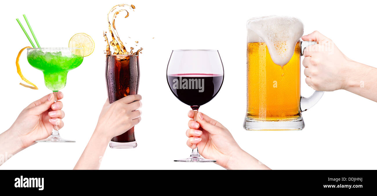 Collage avec de l'alcool cocktails faire toast - bière, soda,cola,cocktail,  un verre de vin Photo Stock - Alamy