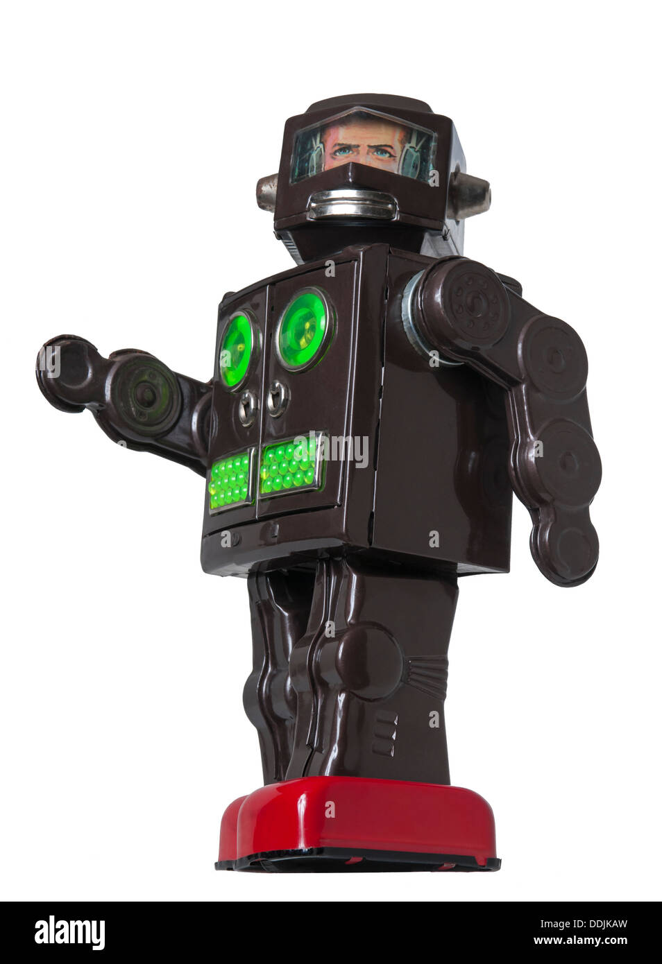 Vintage Toy Robot walking avec détails vert et rouge Banque D'Images