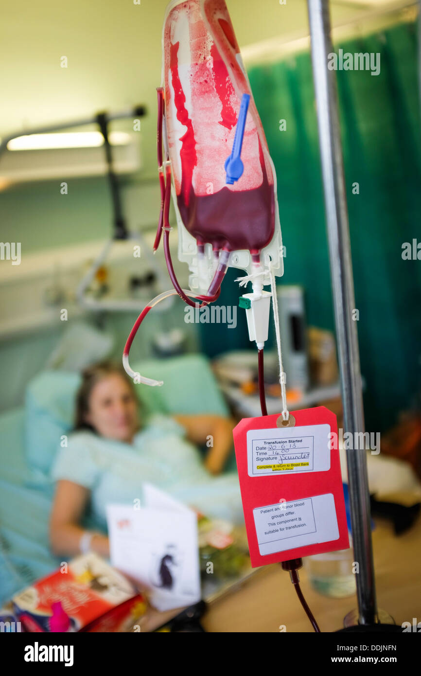 Une femme d'âge moyen de recevoir une transfusion sanguine dans un lit d'hôpital après une opération de remplacement de la hanche , NHS UK Banque D'Images