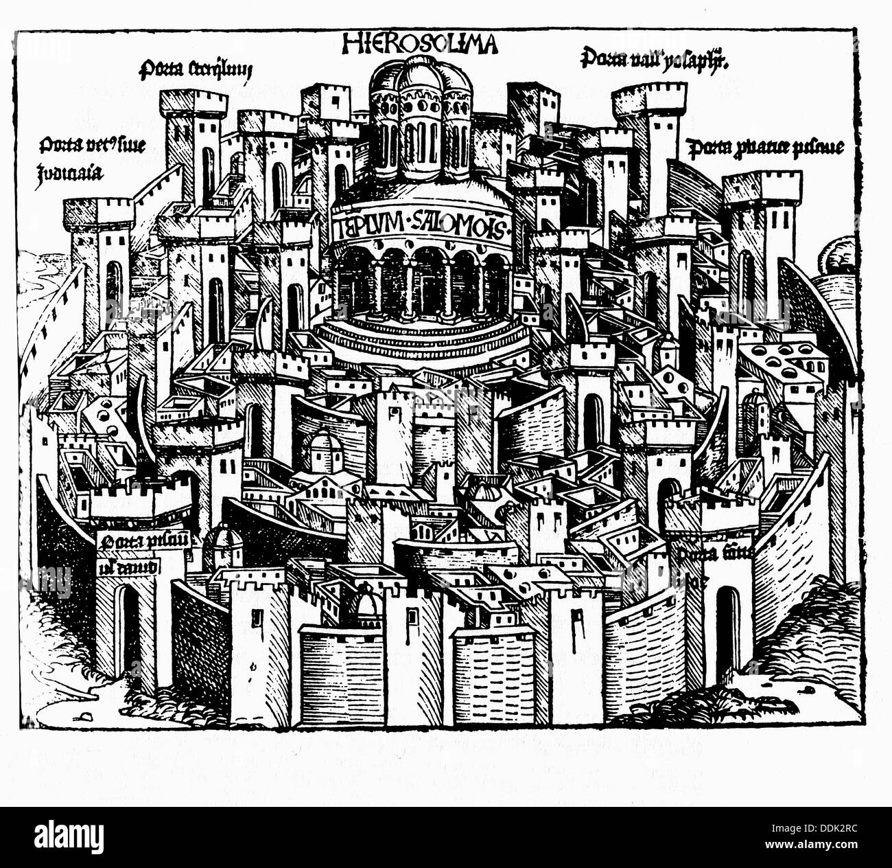 Jérusalem, le temple de Salomon et les tours. Livre des Chroniques.  Nuremberg, 1493 Photo Stock - Alamy