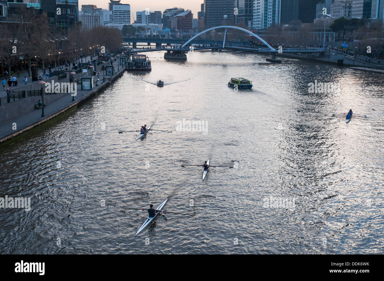 Les rameurs de l'Yarra à Princes Bridge en début de soirée, Southbank, Melbourne Banque D'Images