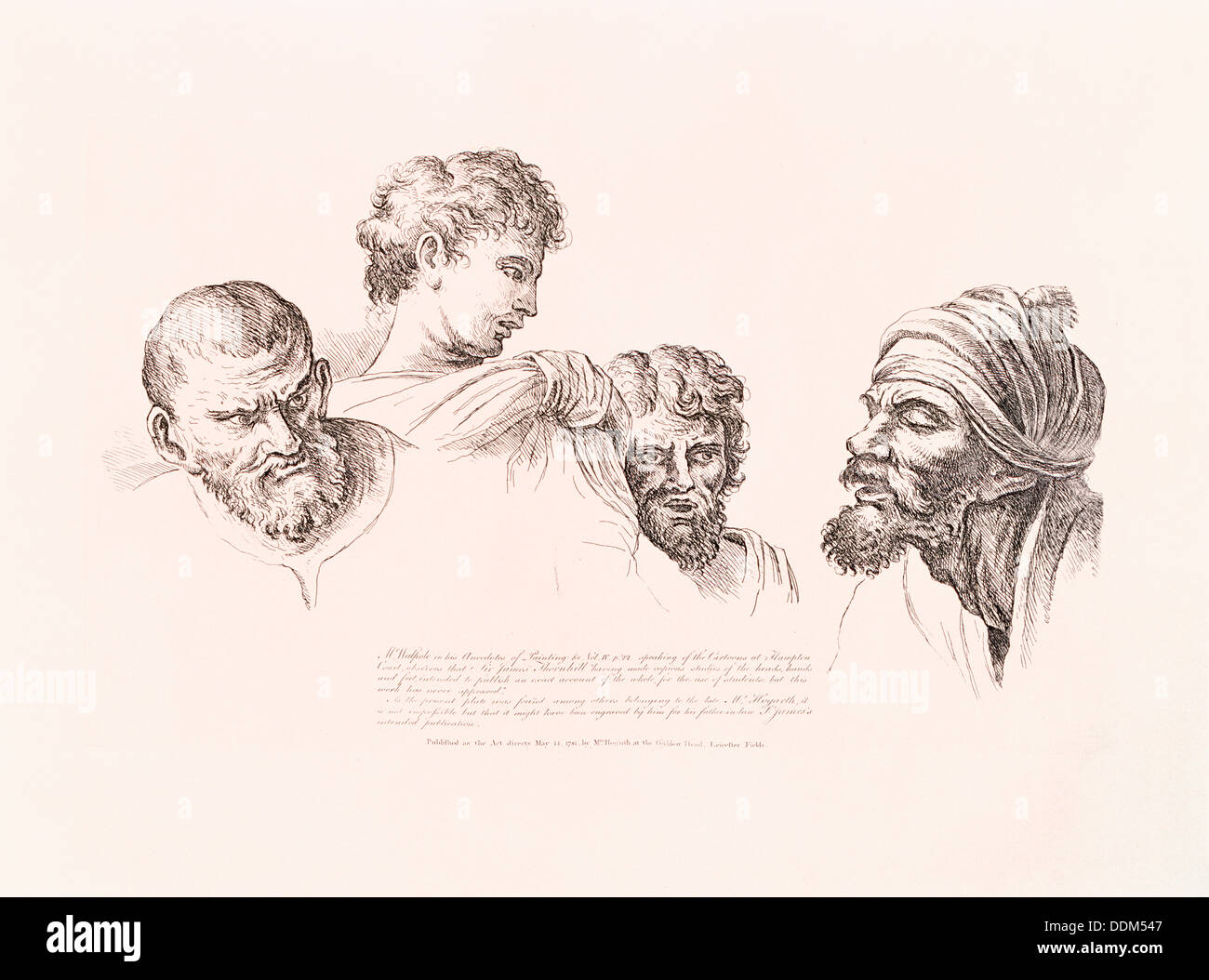 Quatre têtes copiées de la Raphael Caricatures à Hampton Court, c1715-c1730 ?). Artiste : William Hogarth Banque D'Images