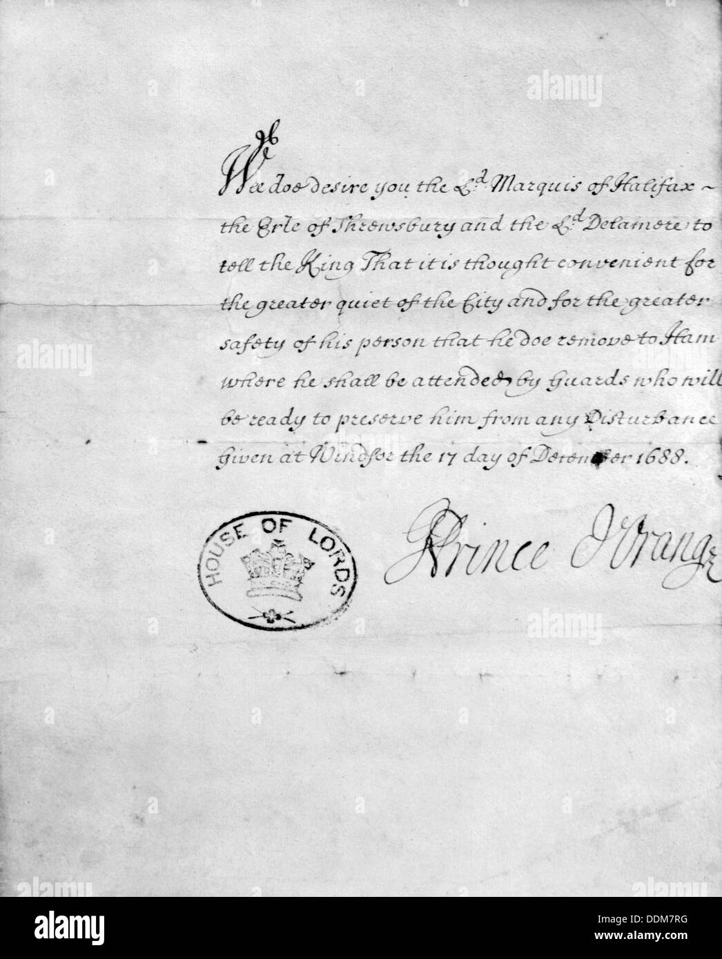 Chambre des Lords document, signé Prince d'Orange, 1688. Artiste : le roi William III Banque D'Images