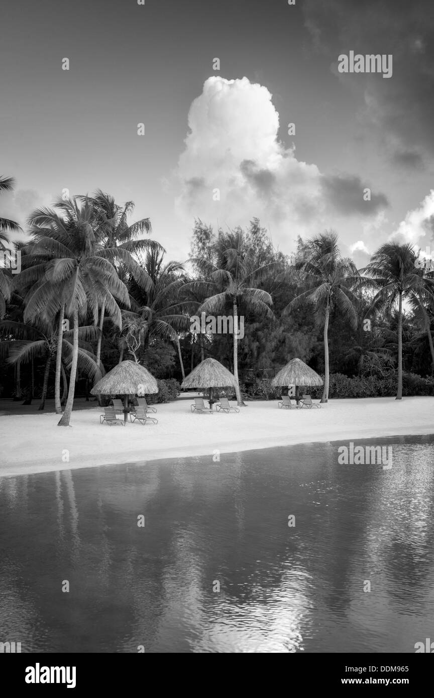 Unbrellas et chaises sur Lagoon beach. Bora Bora. La Polynésie française. Banque D'Images