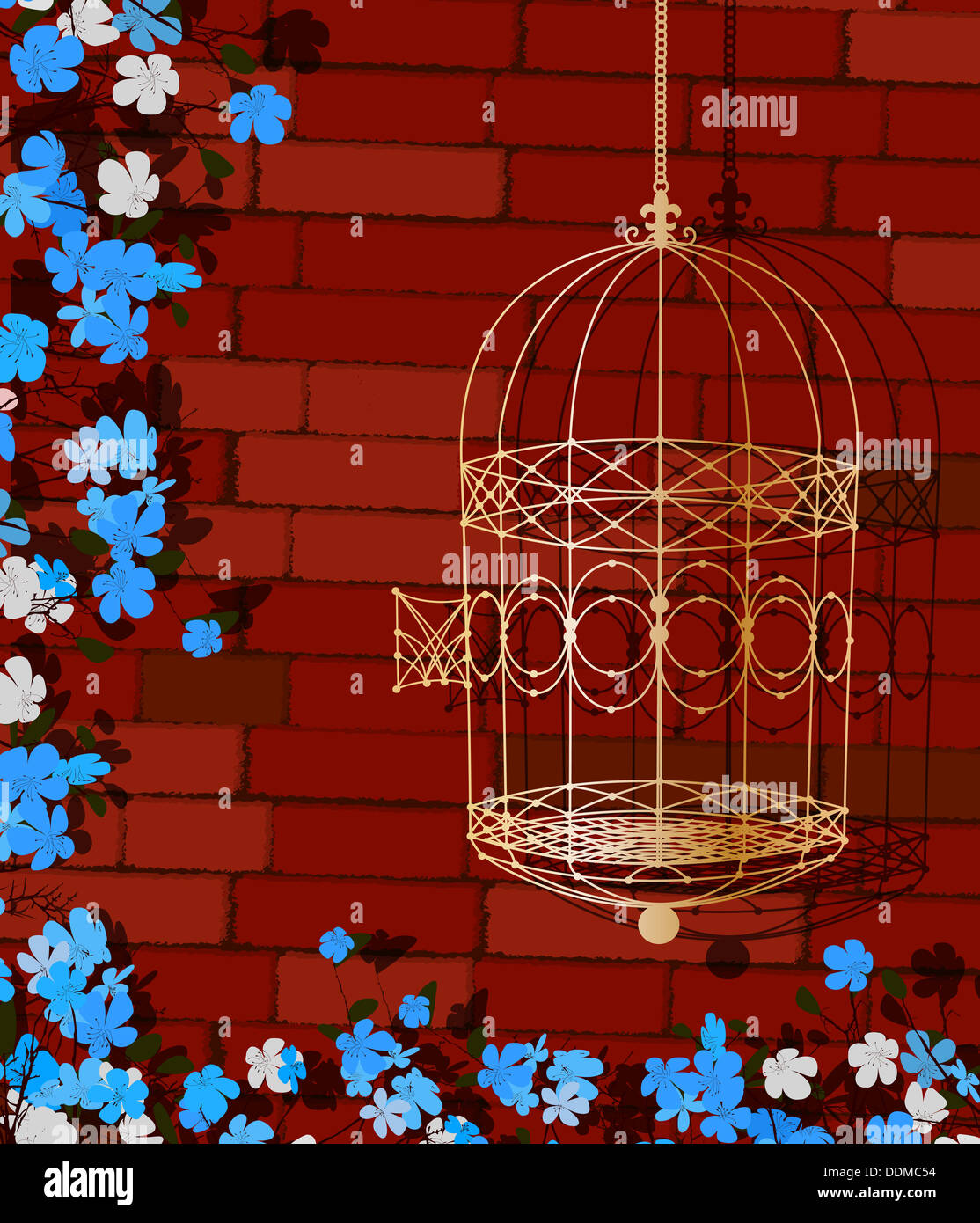 Illustration de fond d'une cage d'oiseaux d'or et de fleurs Banque D'Images