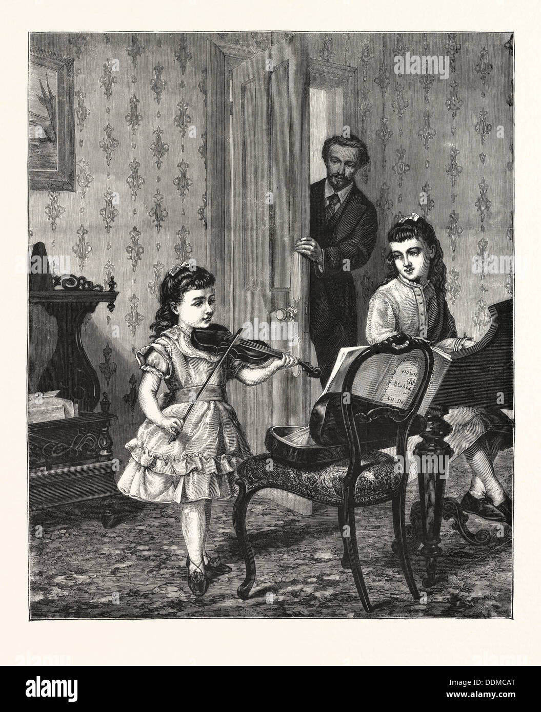 Une répétition en catimini, fille, filles, musique, violon, piano, prix, de l'intérieur, GRAVURE 1876, UK, Grande-Bretagne, Europe, britannique Banque D'Images