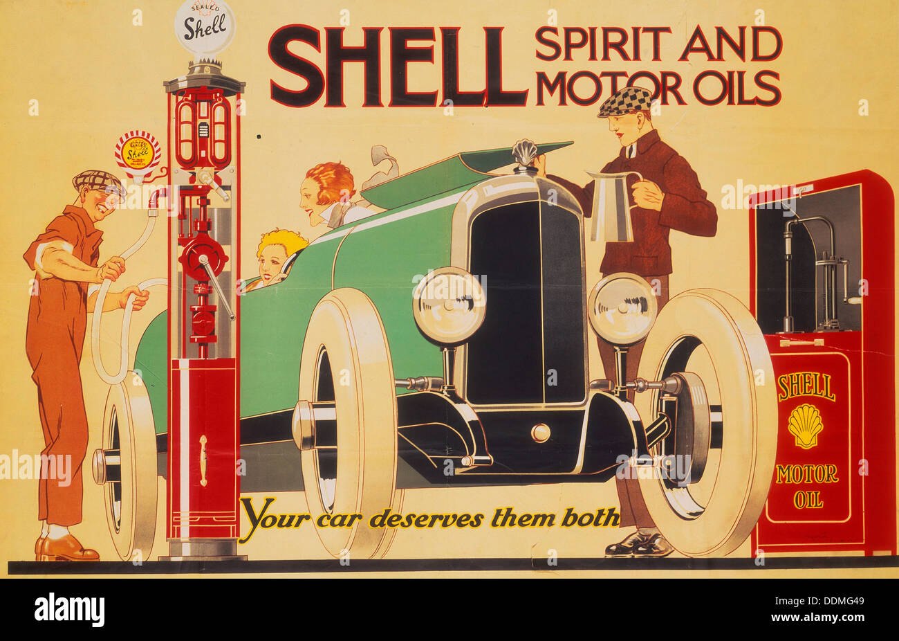 Affiche publicitaire de l'esprit et Shell huiles moteur. Artiste : René Vincent Banque D'Images