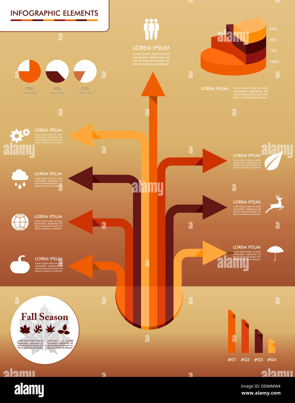 Saison d'automne infographie illustration modèle. Flèche Concept arbre avec des éléments graphiques de l'information sur la météo et les saisons des questions connexes. Banque D'Images