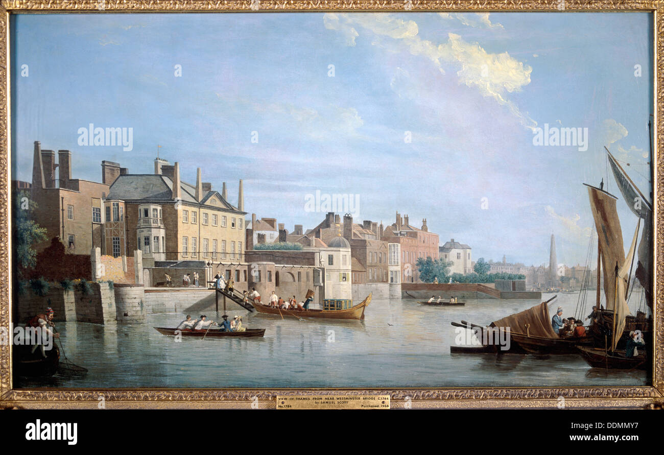 La Tamise avec Montagu House, à proximité de Westminster Bridge, Londres, 1749. Artiste : Samuel Scott Banque D'Images