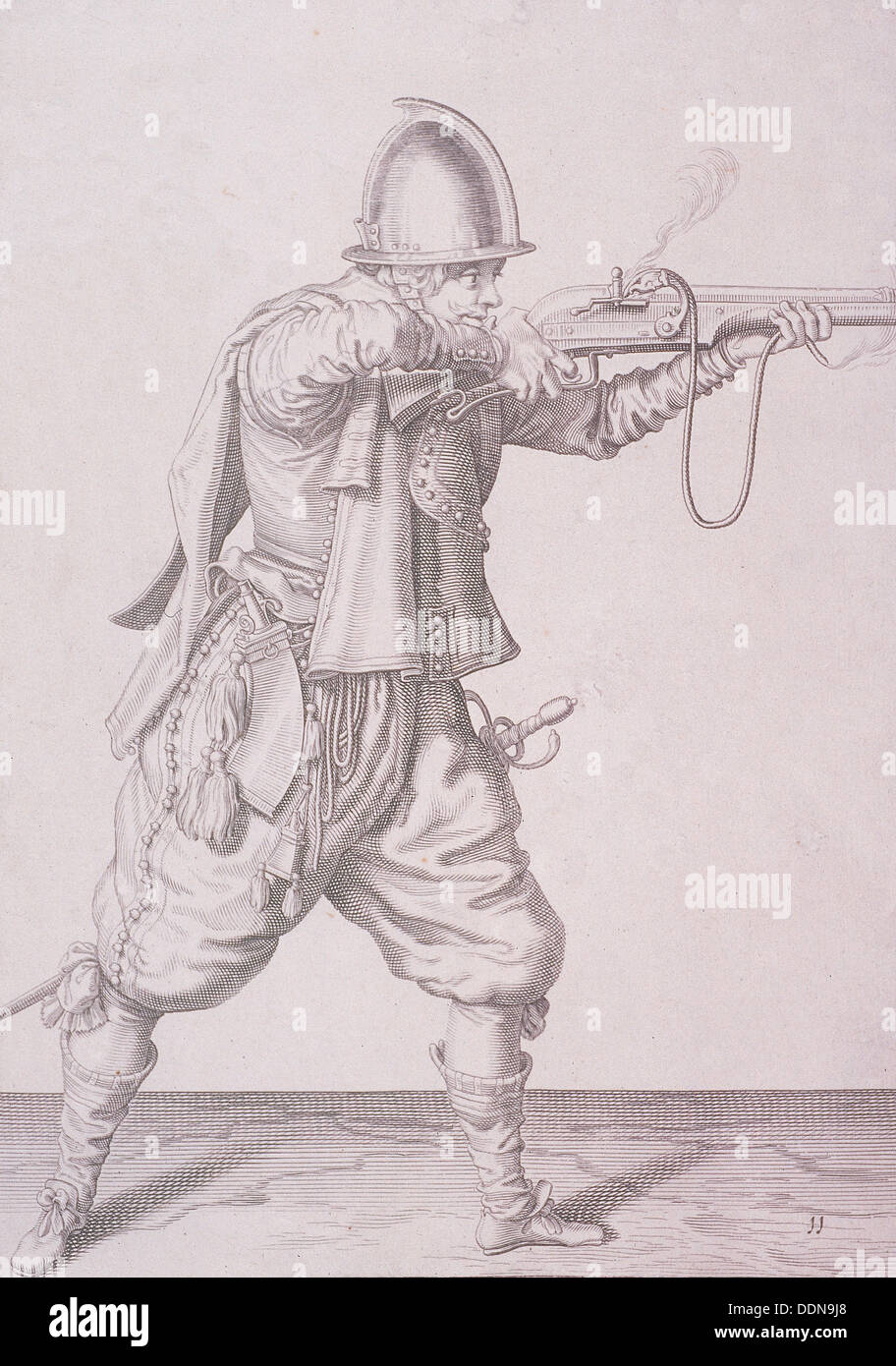 La figure en vêtements militaires tirant un mousquet et portant une épée, 1607. Artiste : Anon Banque D'Images