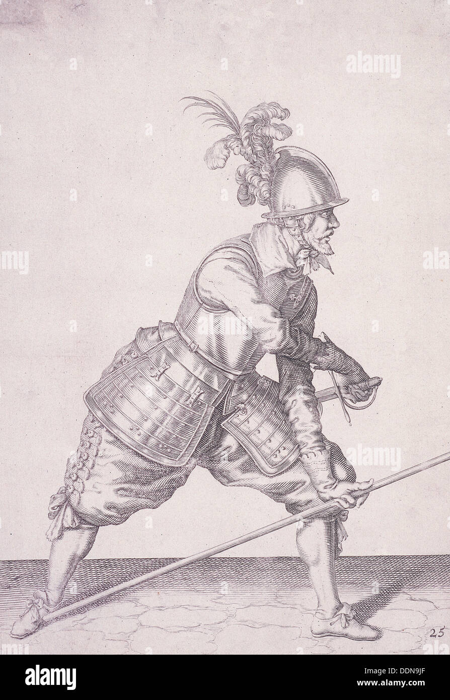 La figure en vêtements militaires détenant un brochet dans une main et une épée dans l'autre, 1607. Artiste : Anon Banque D'Images