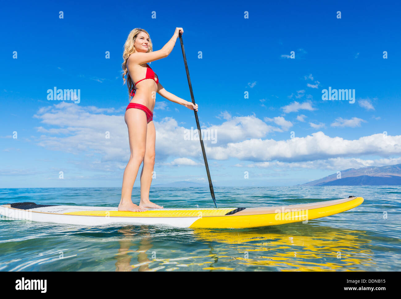 Attractive Woman on Stand Up Paddle Board, SUP, Hawaii, l'océan bleu tropical Banque D'Images